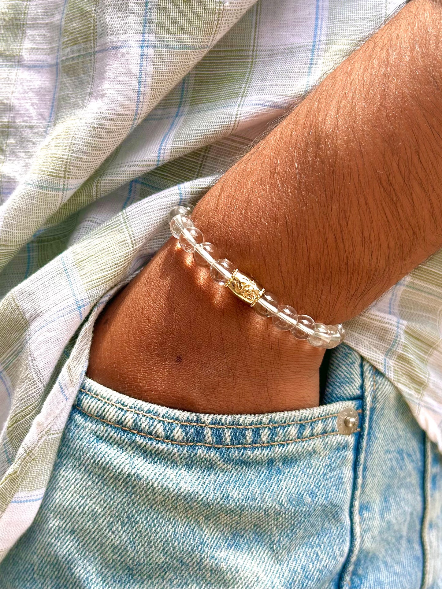 Clear Quartz Unisex Bead Bracelet with Om Motif