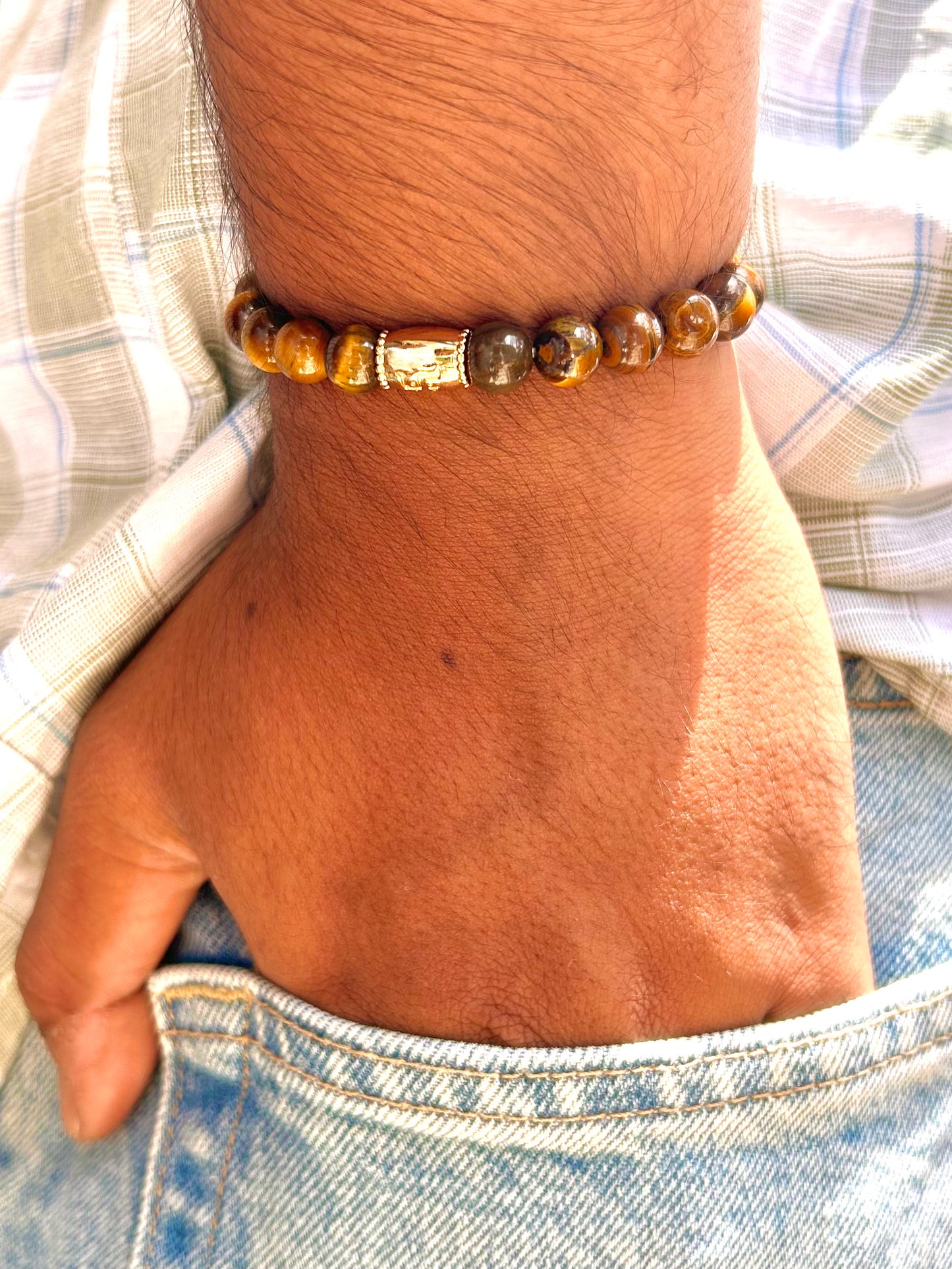 Tiger’s Eye Unisex Bead Bracelet with Swastik Motif