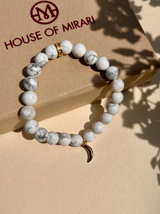 Howlite Bead Bracelet with Crescent Moon Charm For Women
