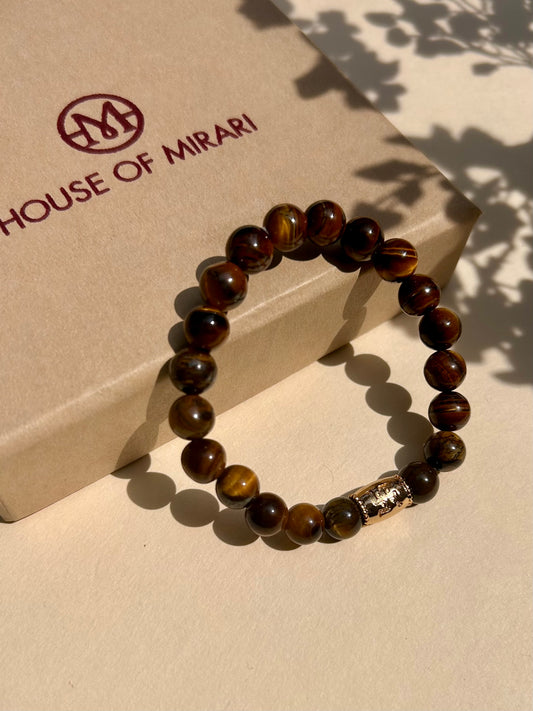 Tiger’s Eye Unisex Bead Bracelet with Swastik Motif