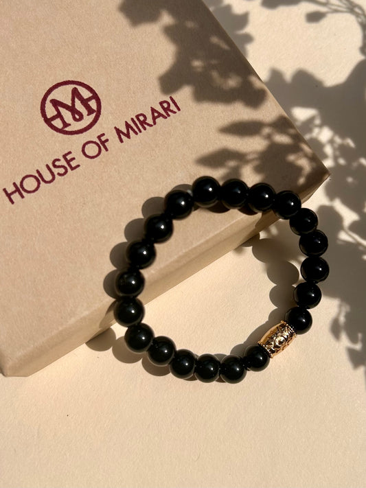 Black Onyx Unisex Bead Bracelet with Evil Eye Motif