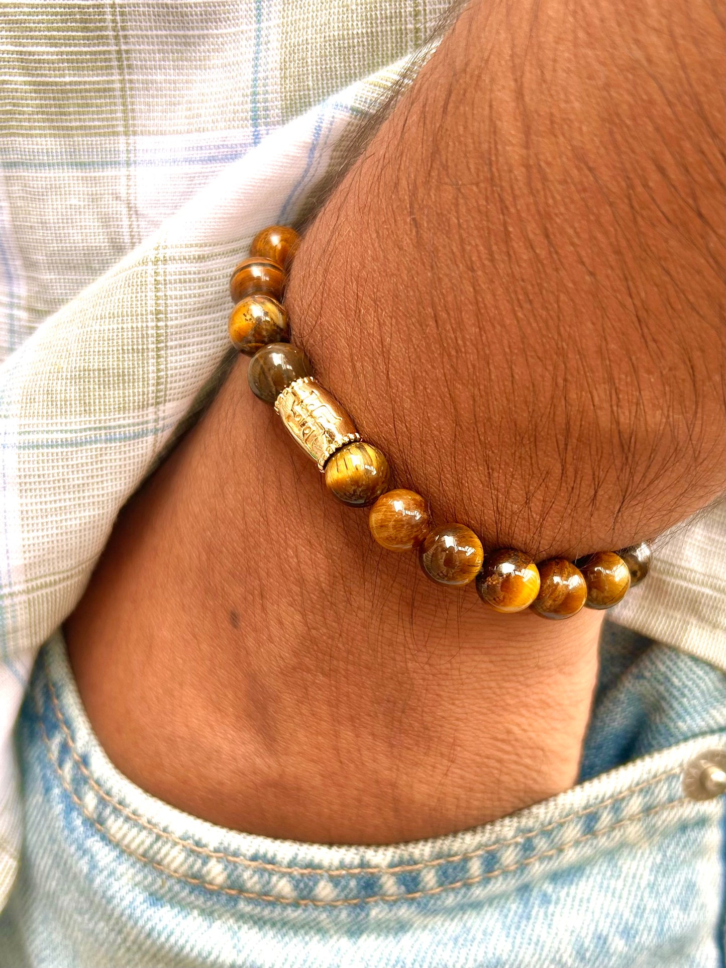 Tiger’s Eye Unisex Bead Bracelet with Swastik Motif