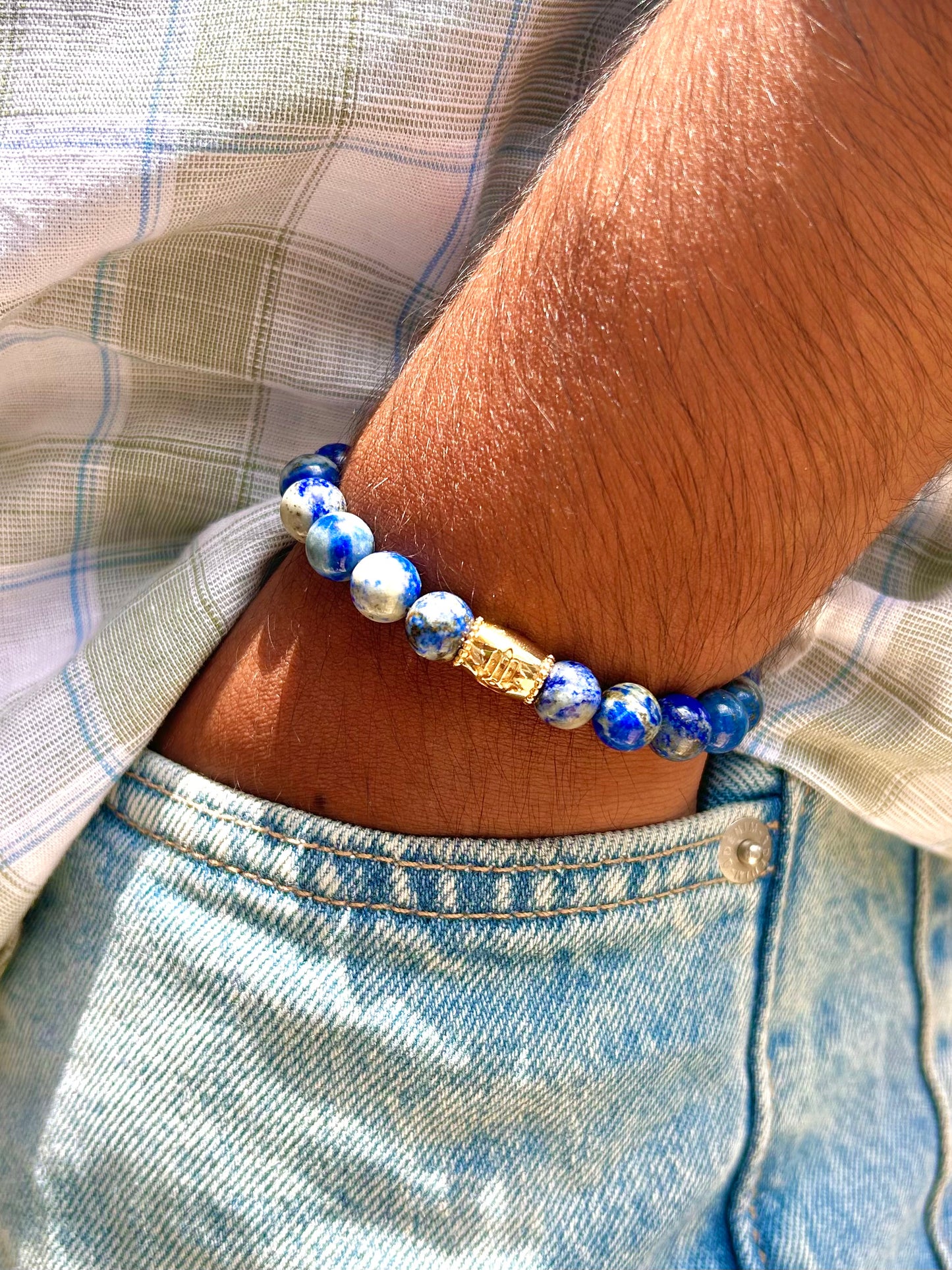 Lapis Lazuli Unisex Bead Bracelet with Hamsa Hand Motif