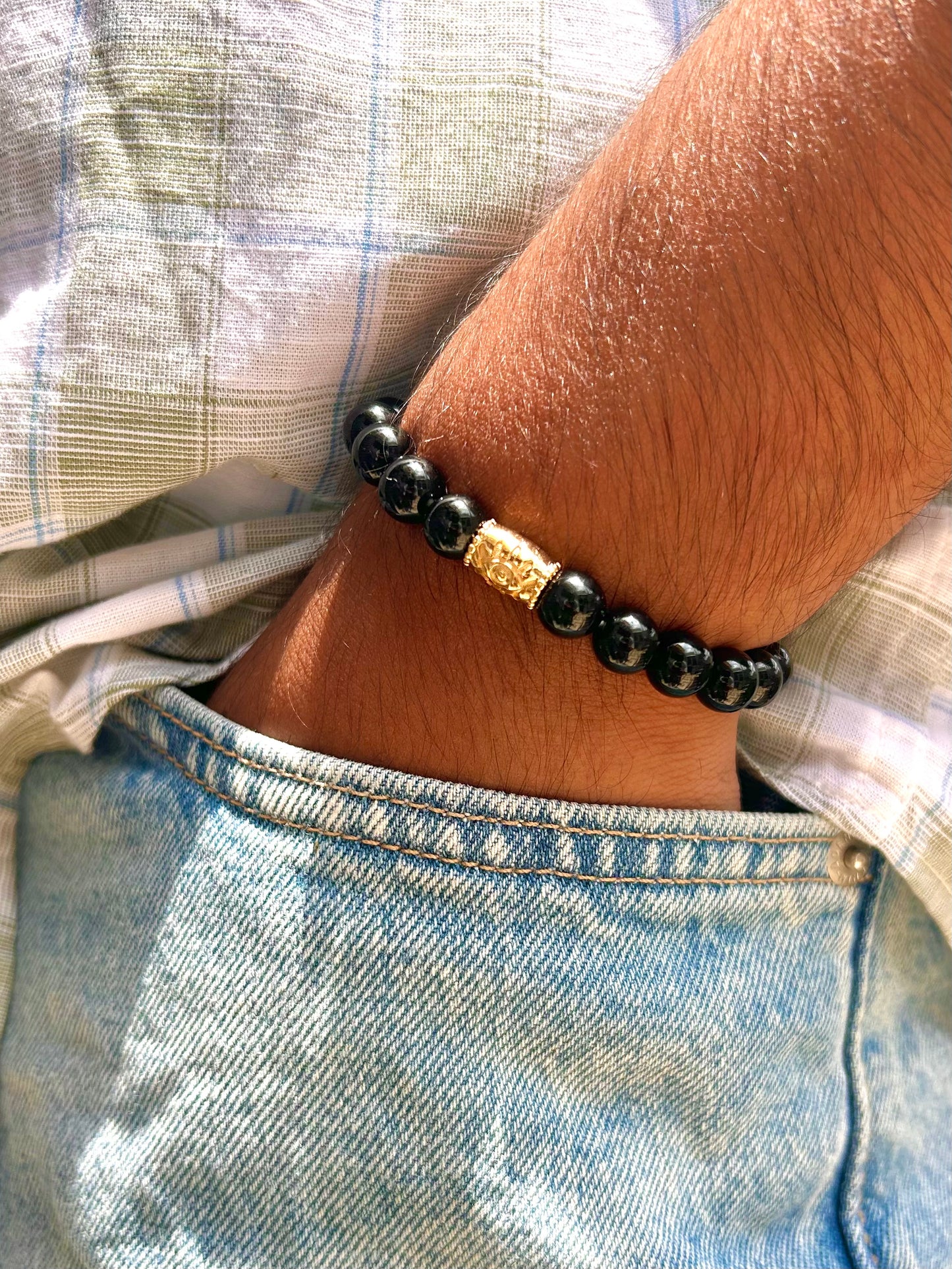 Black Onyx Unisex Bead Bracelet with Evil Eye Motif