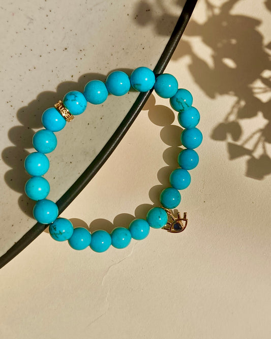 Turquoise Bead Bracelet with Evil Eye Charm For Women