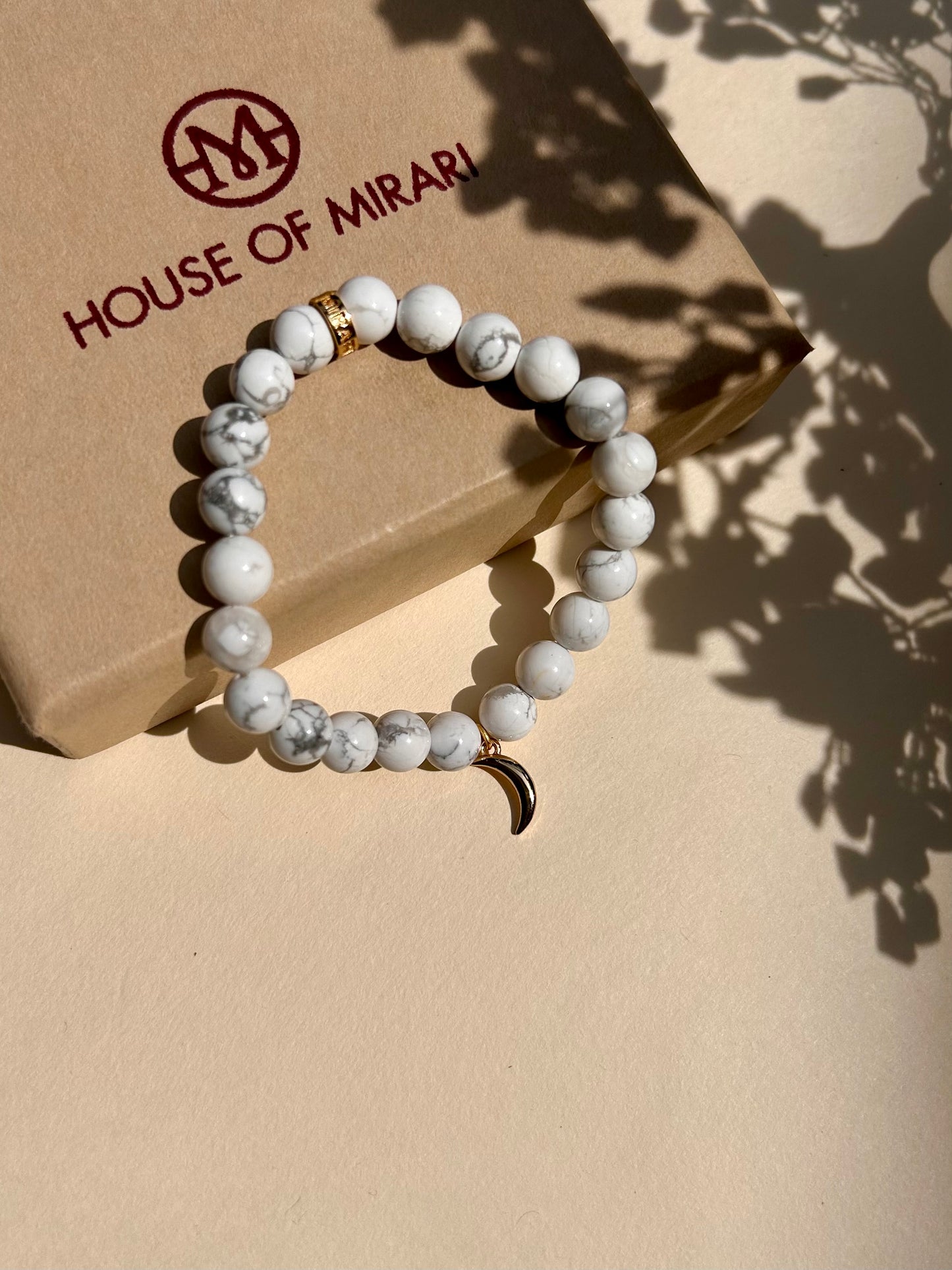 Howlite Bead Bracelet with Crescent Moon Charm For Women