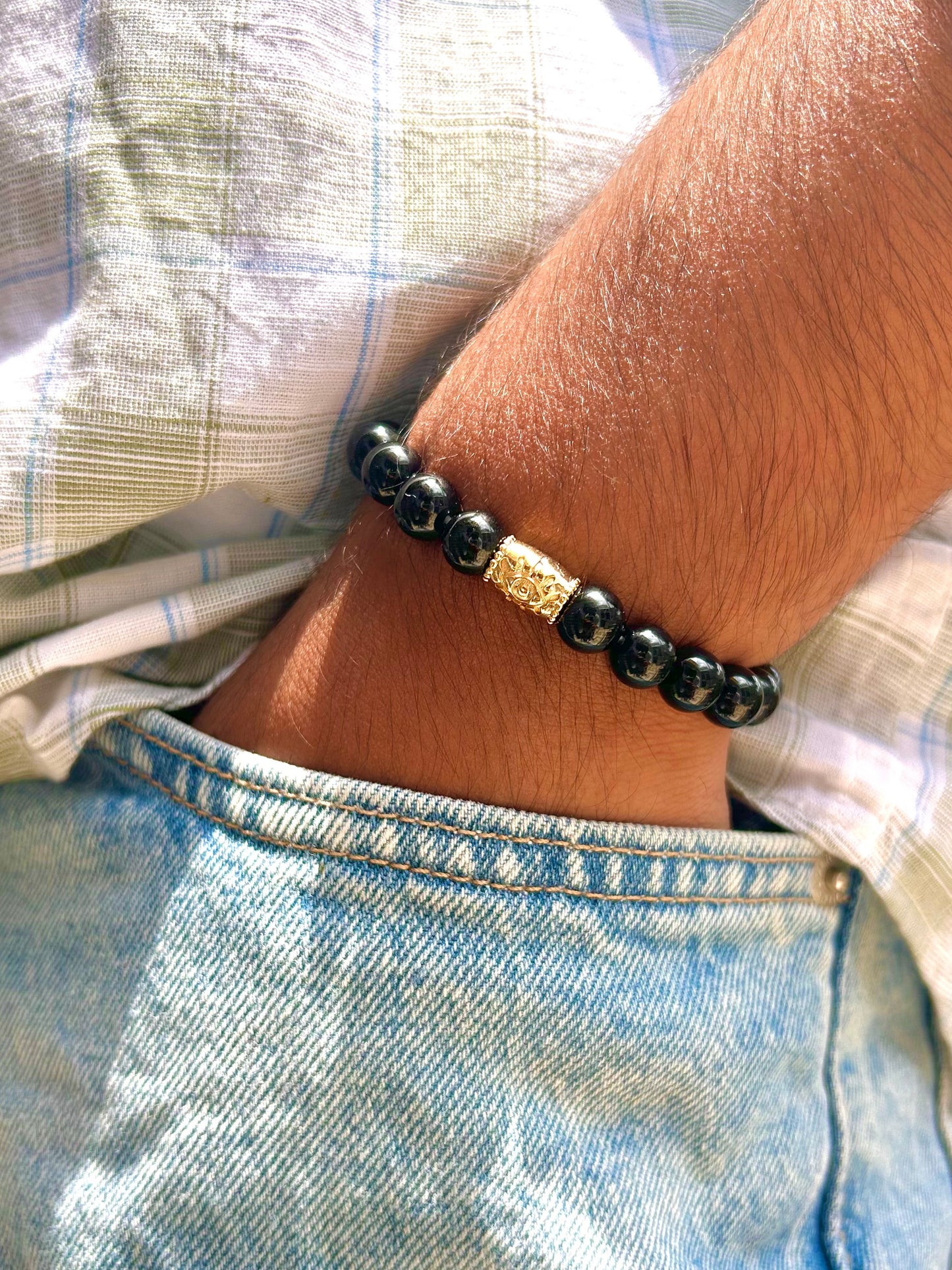 Black Onyx Unisex Bead Bracelet with Evil Eye Motif