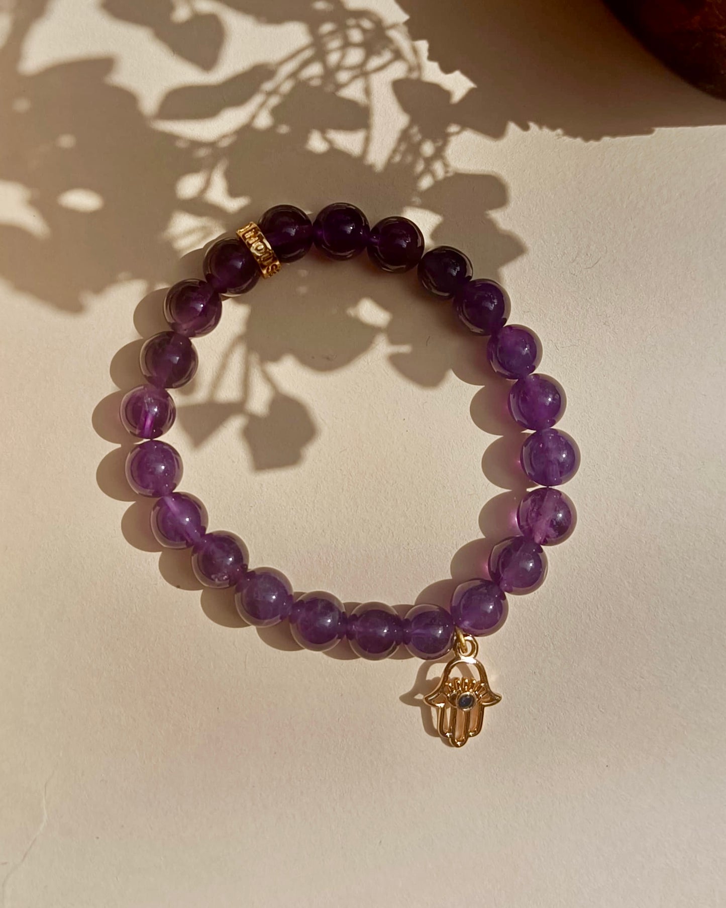 Amethyst Bead Bracelet with Hamsa Hand Charm For Women