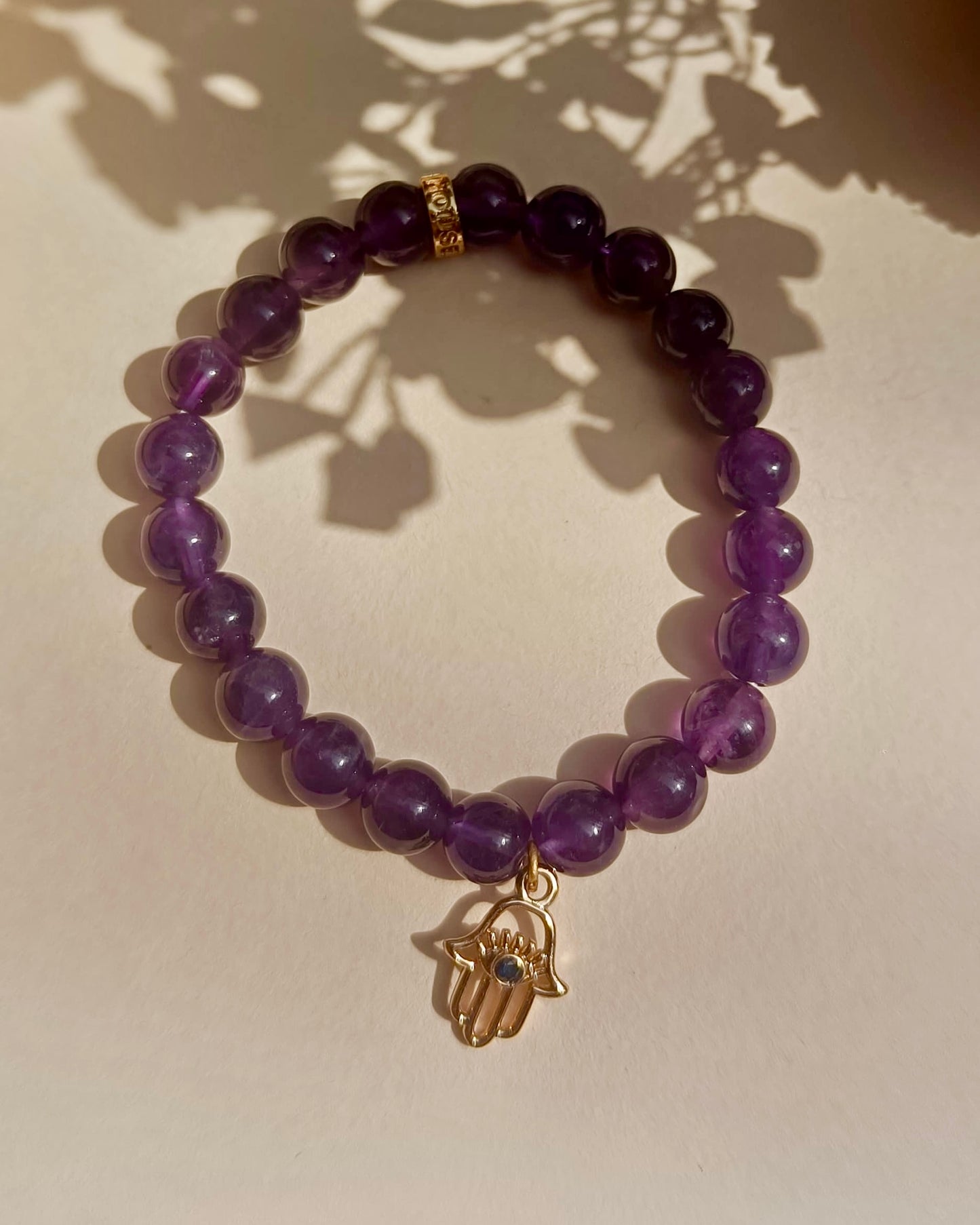 Amethyst Bead Bracelet with Hamsa Hand Charm For Women
