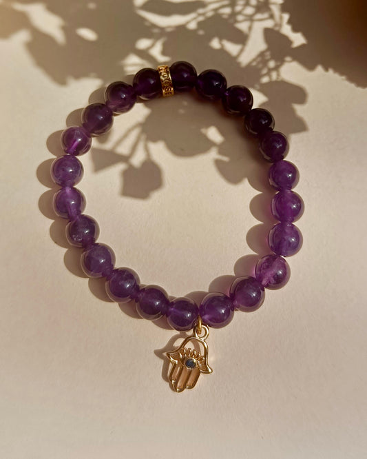 Amethyst Bead Bracelet with Hamsa Hand Charm For Women