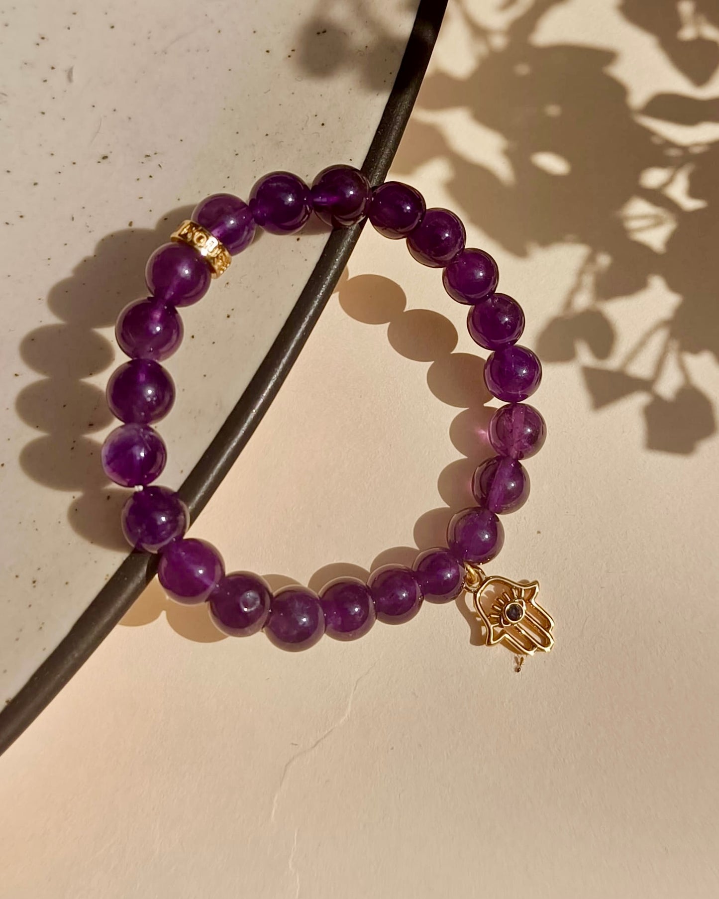 Amethyst Bead Bracelet with Hamsa Hand Charm For Women