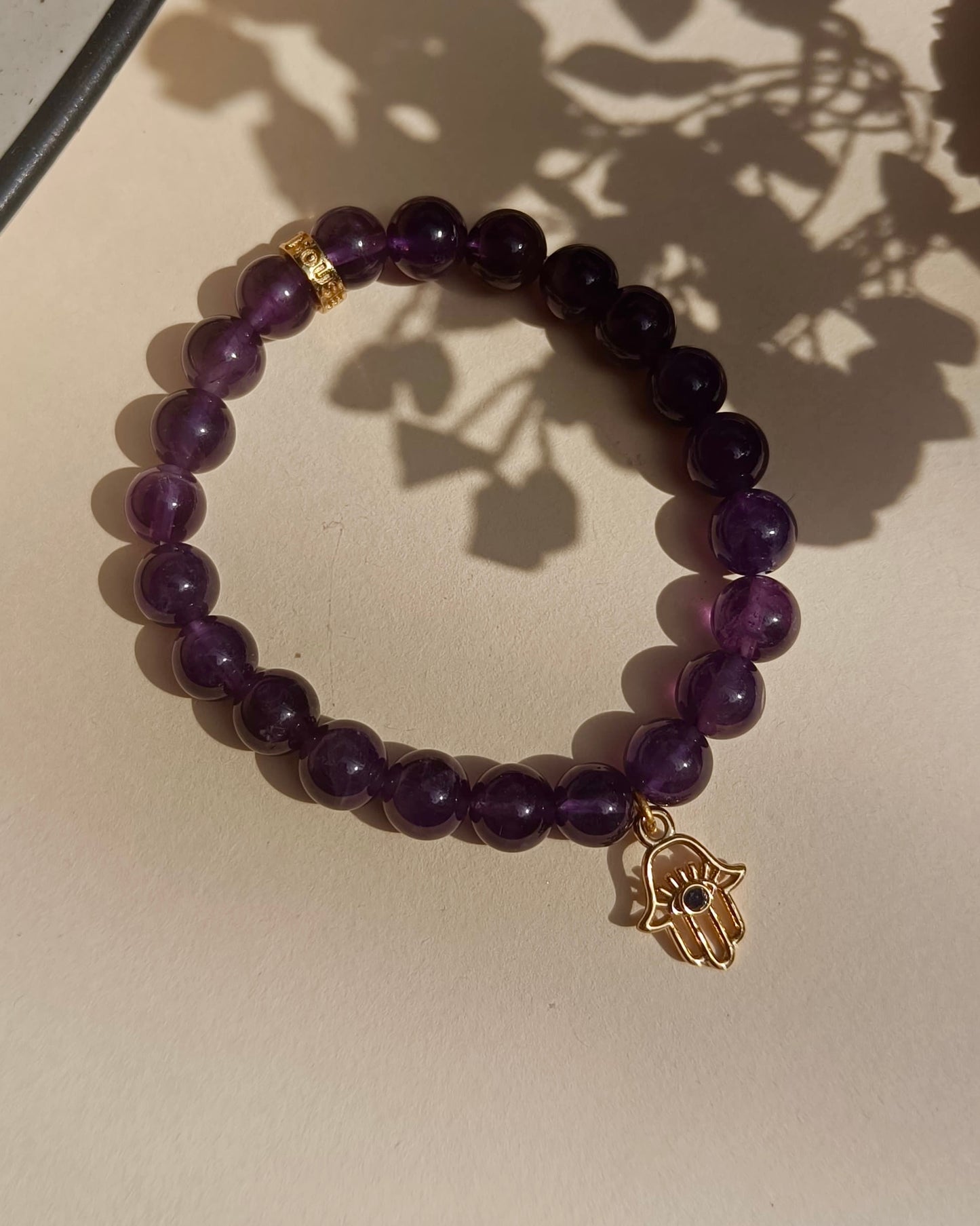 Amethyst Bead Bracelet with Hamsa Hand Charm For Women